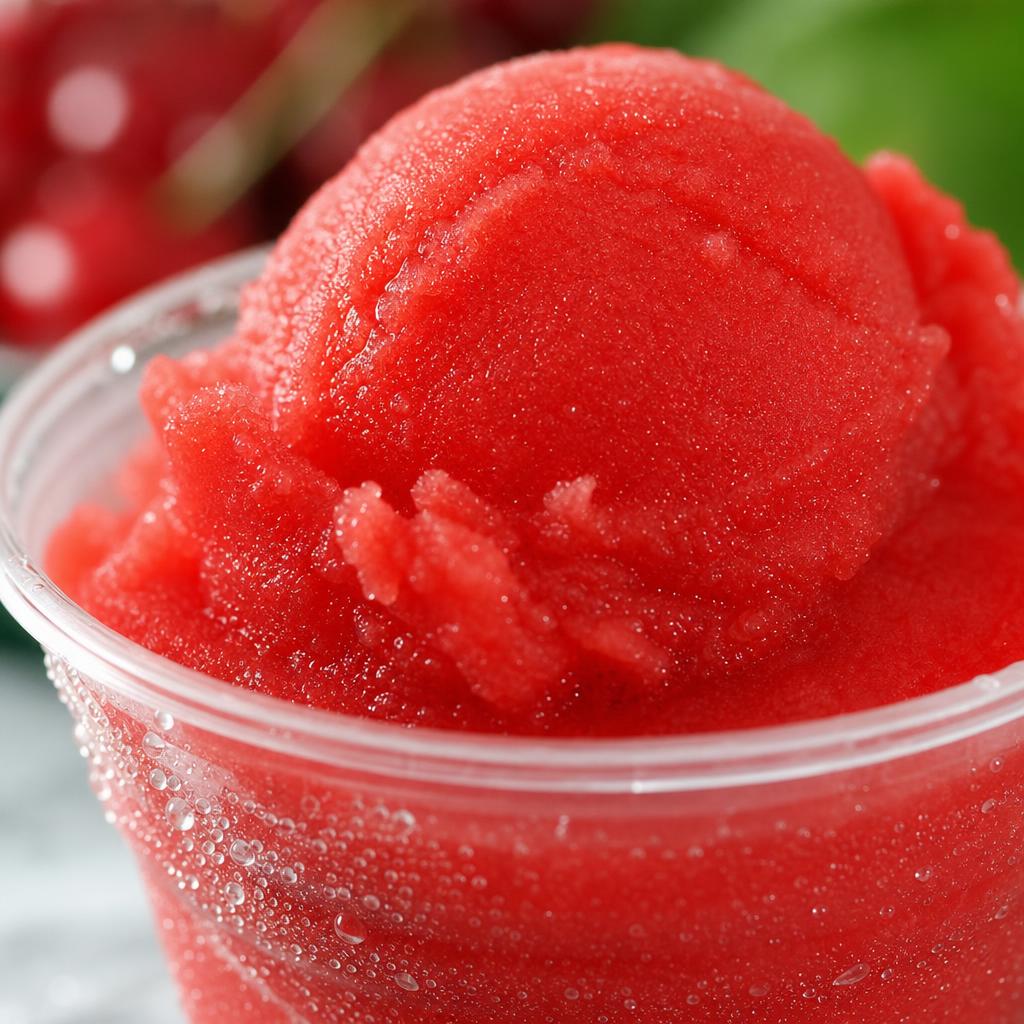 Close-up of cherry water ice showing its crystalline frozen texture