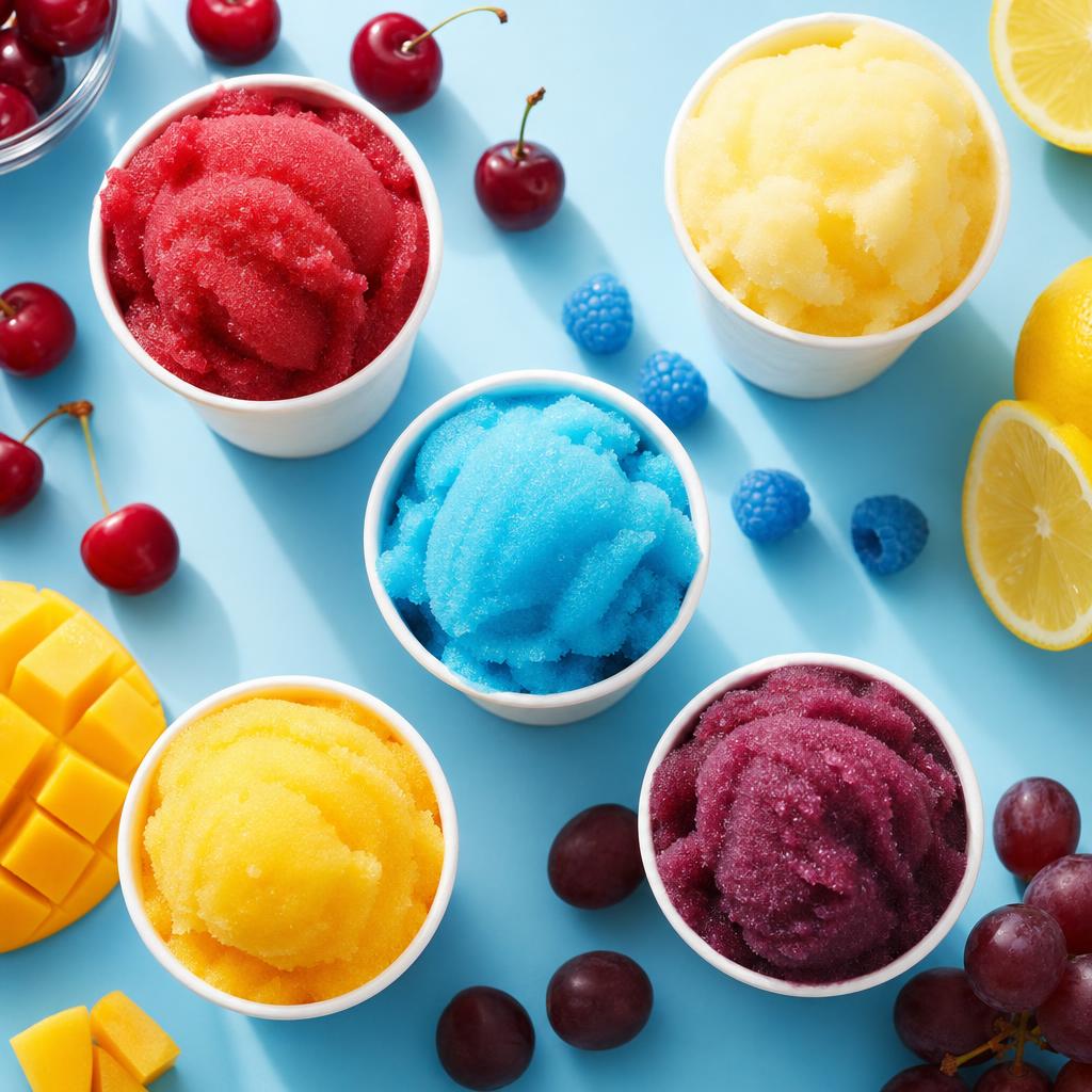 Overhead view of assorted water ice flavors in cups with fresh fruit