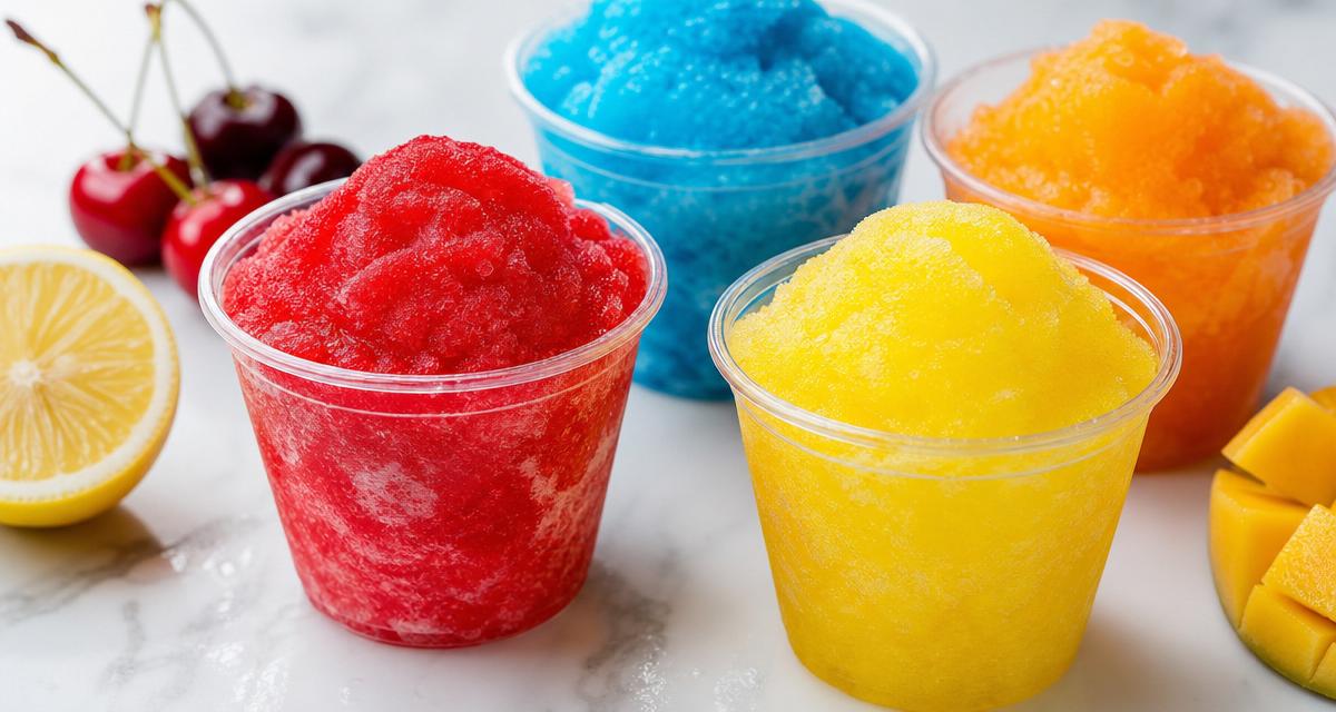 Colorful Philadelphia water ice cups in cherry, blue raspberry, lemon, and mango flavors